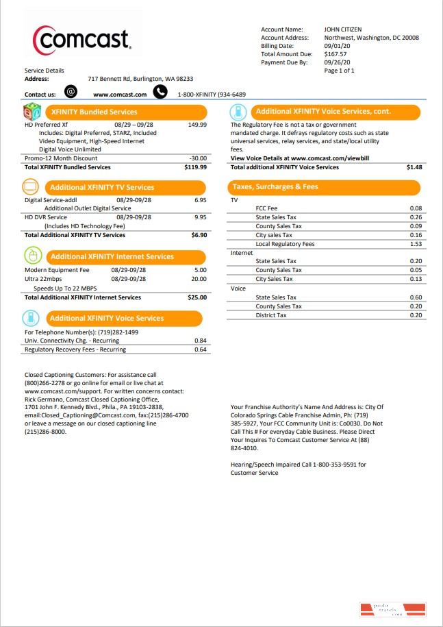 USA Utah Comcast utility bill template in Word and PDF format version 1